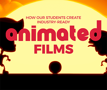 Poster with cartoon silhouettes and sunset background promoting how students create industry-ready animated films.