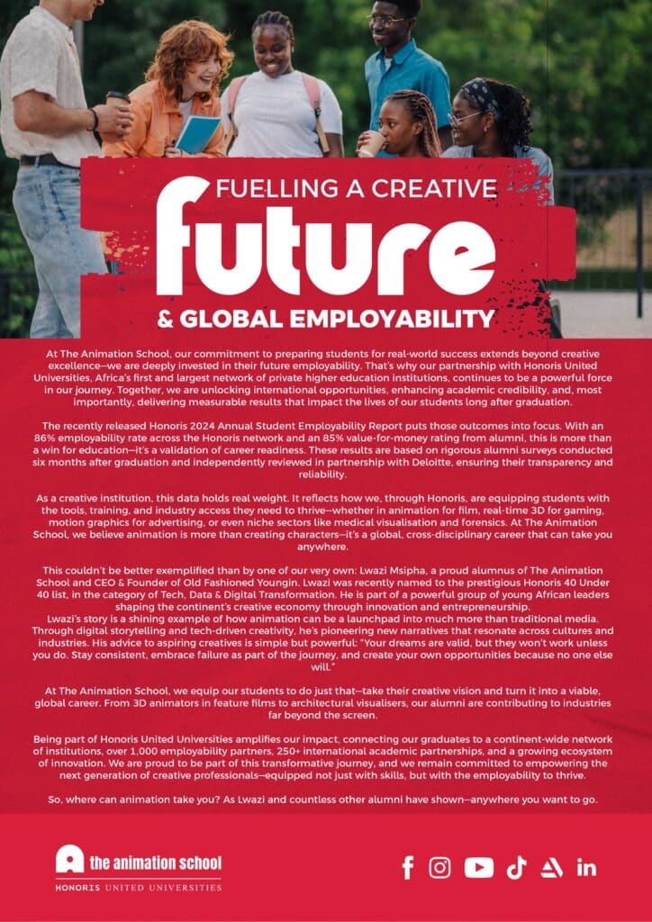 Group of diverse young adults and children smiling outdoors, with text promoting The Animation School's focus on global employability and creative careers, featuring a success story of alumnus Lwazi Msipha.