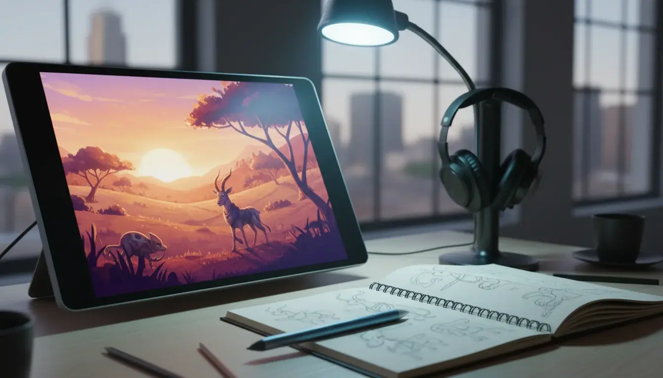 Digital stylus on a tablet showing AI-generated background next to a sketchbook.