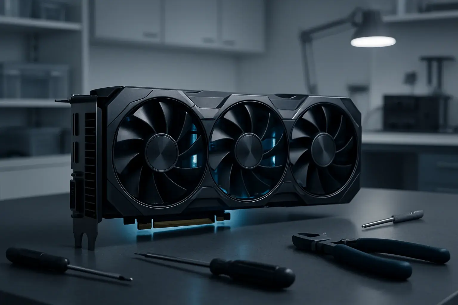 Modern graphics processing unit with cooling fans and a subtle blue glow on a workshop bench.