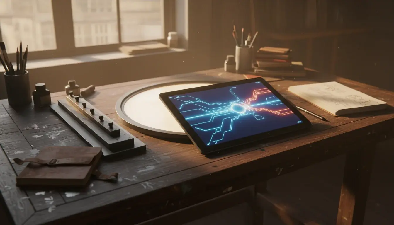 A traditional animation light box next to a modern digital drawing tablet in a warm studio.